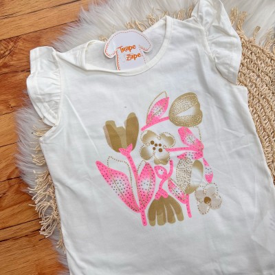 Conj. Blusa Flores e Short com Strass - Off White e Rosa